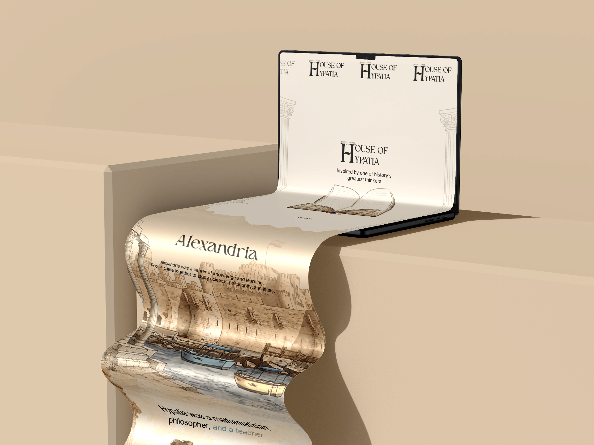 House of Hypatia website — landing scroll showing Alexandria illustration
