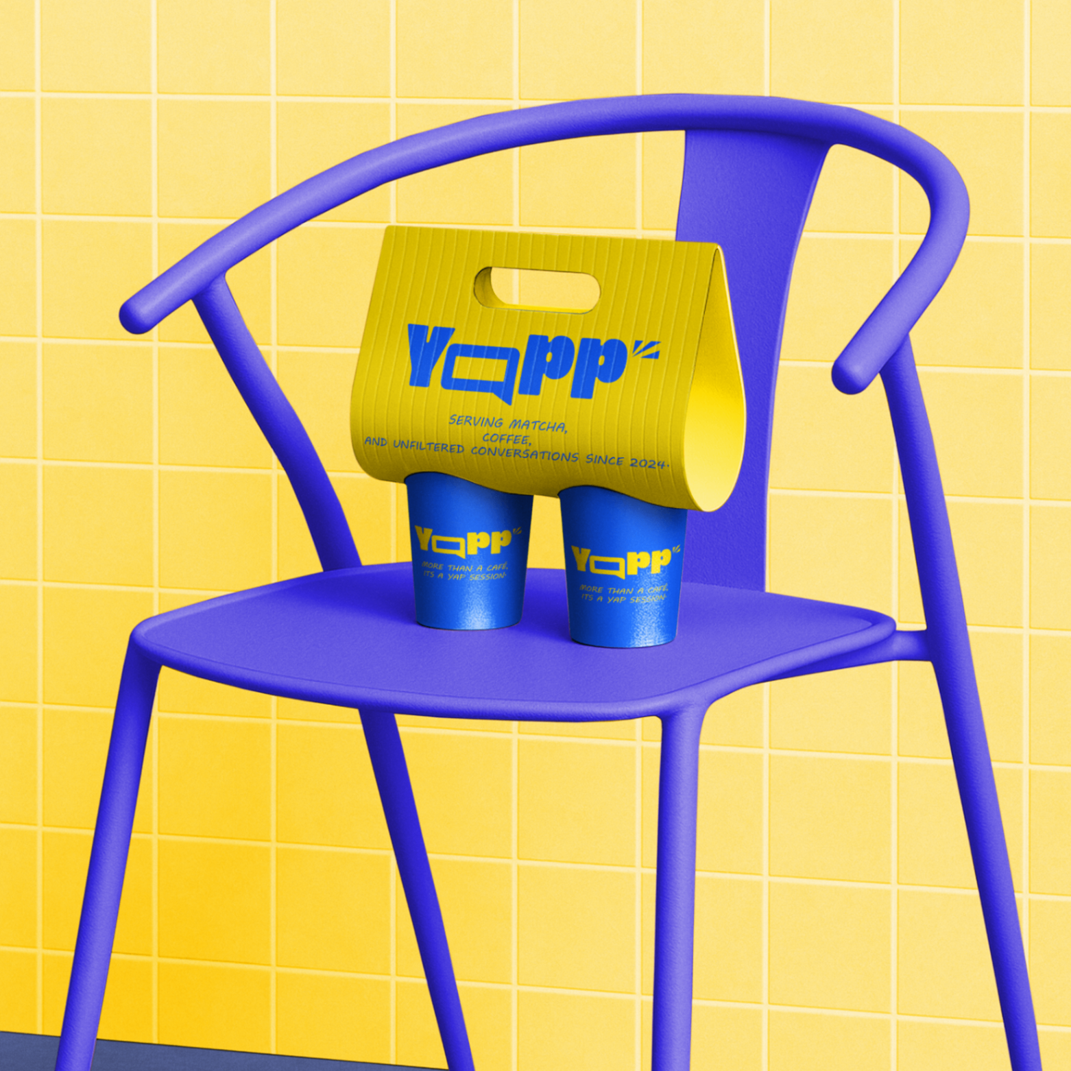 YAPP packaging — drink carrier on a chair