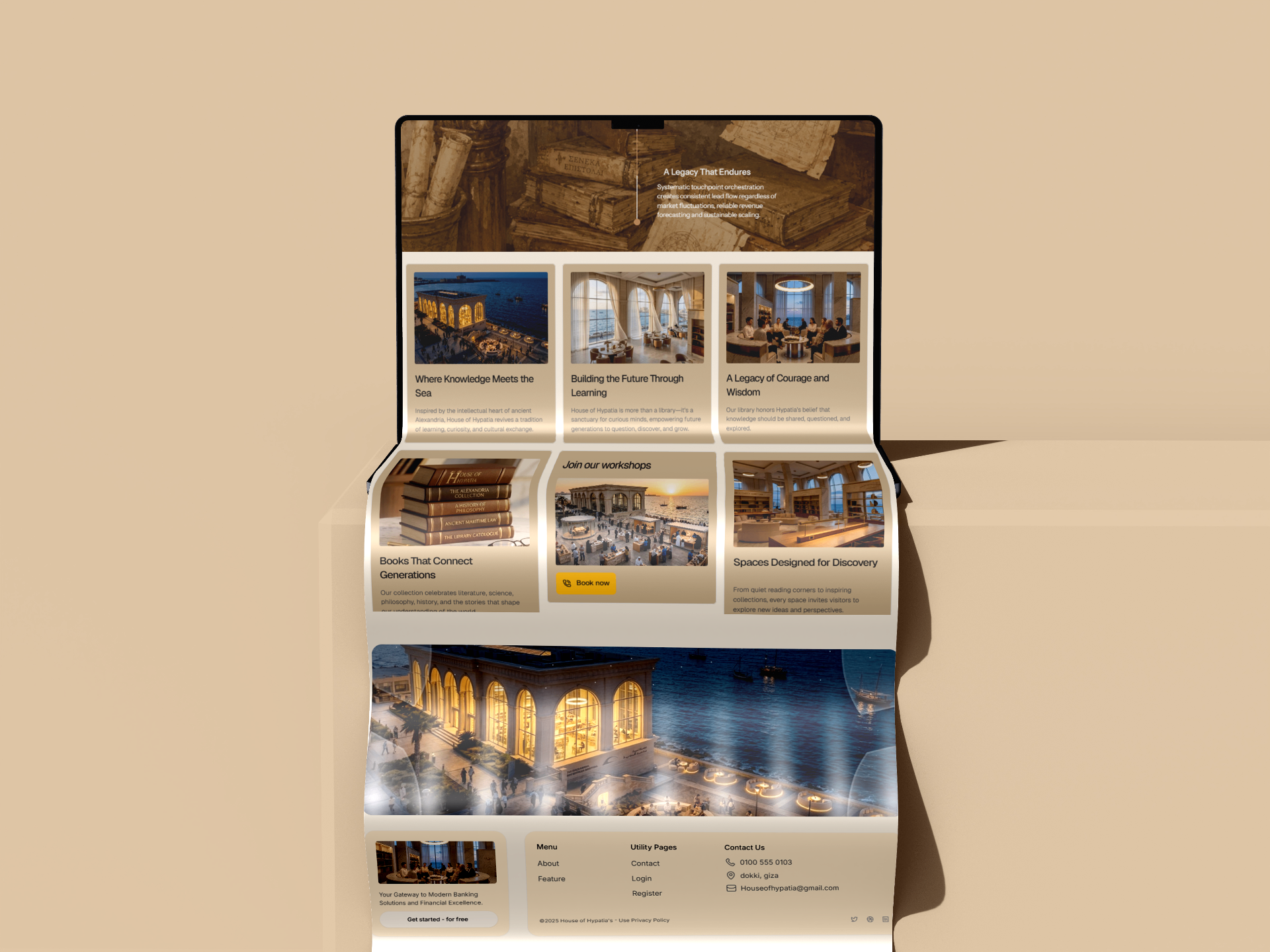 House of Hypatia website — spaces, collection, and workshops grid